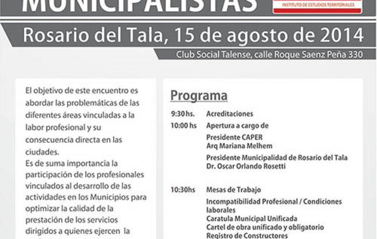 Se realizará en Rosario del Tala el 1º Encuentro de Arquitectos Municipalistas