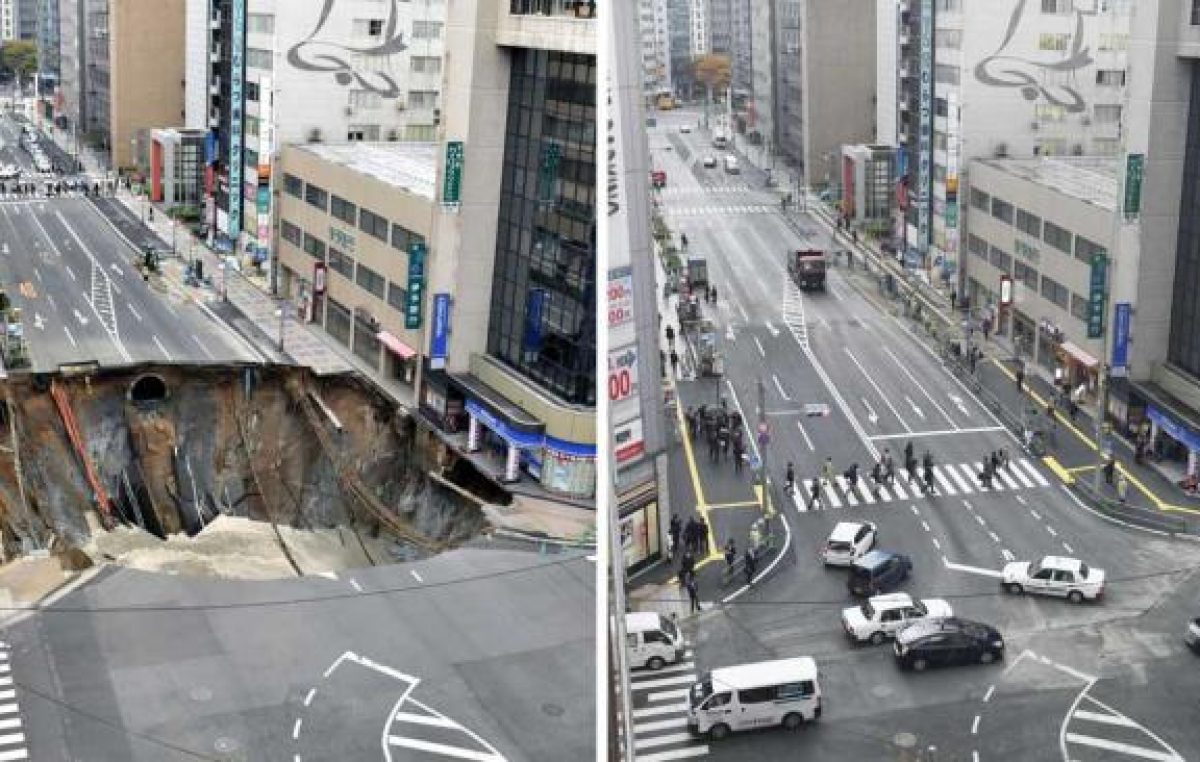 El municipio japonés que reparó en dos días un bache de 800 metros cuadrados