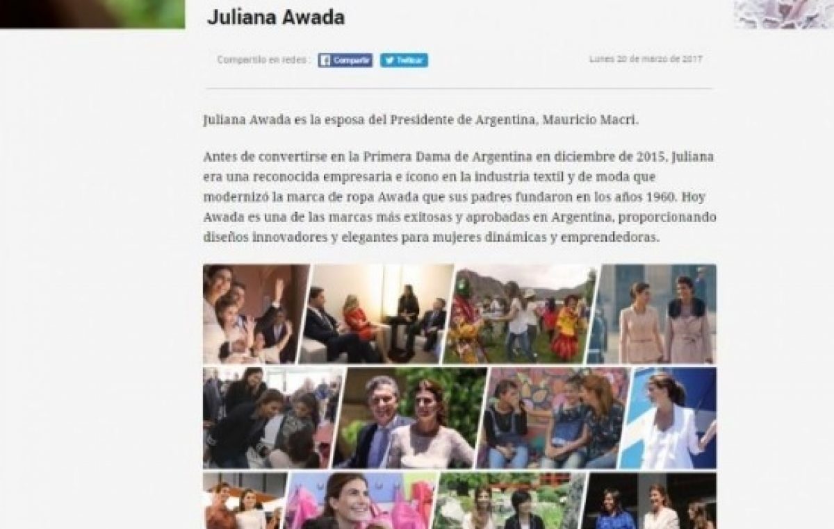 Juliana Awada publicita su marca de ropa en el portal del Gobierno