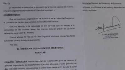 Por resolución, dispusieron la licencia de invierno para trabajadores municipales de Resistencia